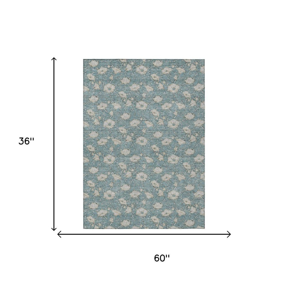 3' X 5' Teal Blue And Pewter Floral Washable Indoor Outdoor Area Rug HomeRoots