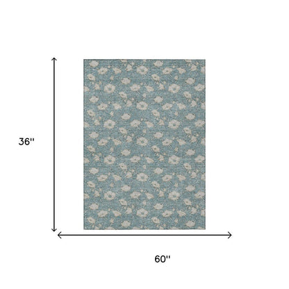 3' X 5' Teal Blue And Pewter Floral Washable Indoor Outdoor Area Rug HomeRoots