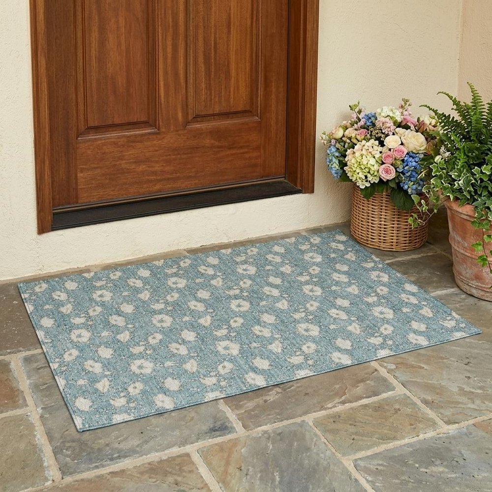 3' X 5' Teal Blue And Pewter Floral Washable Indoor Outdoor Area Rug HomeRoots
