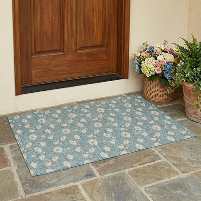 3' X 5' Teal Blue And Pewter Floral Washable Indoor Outdoor Area Rug HomeRoots