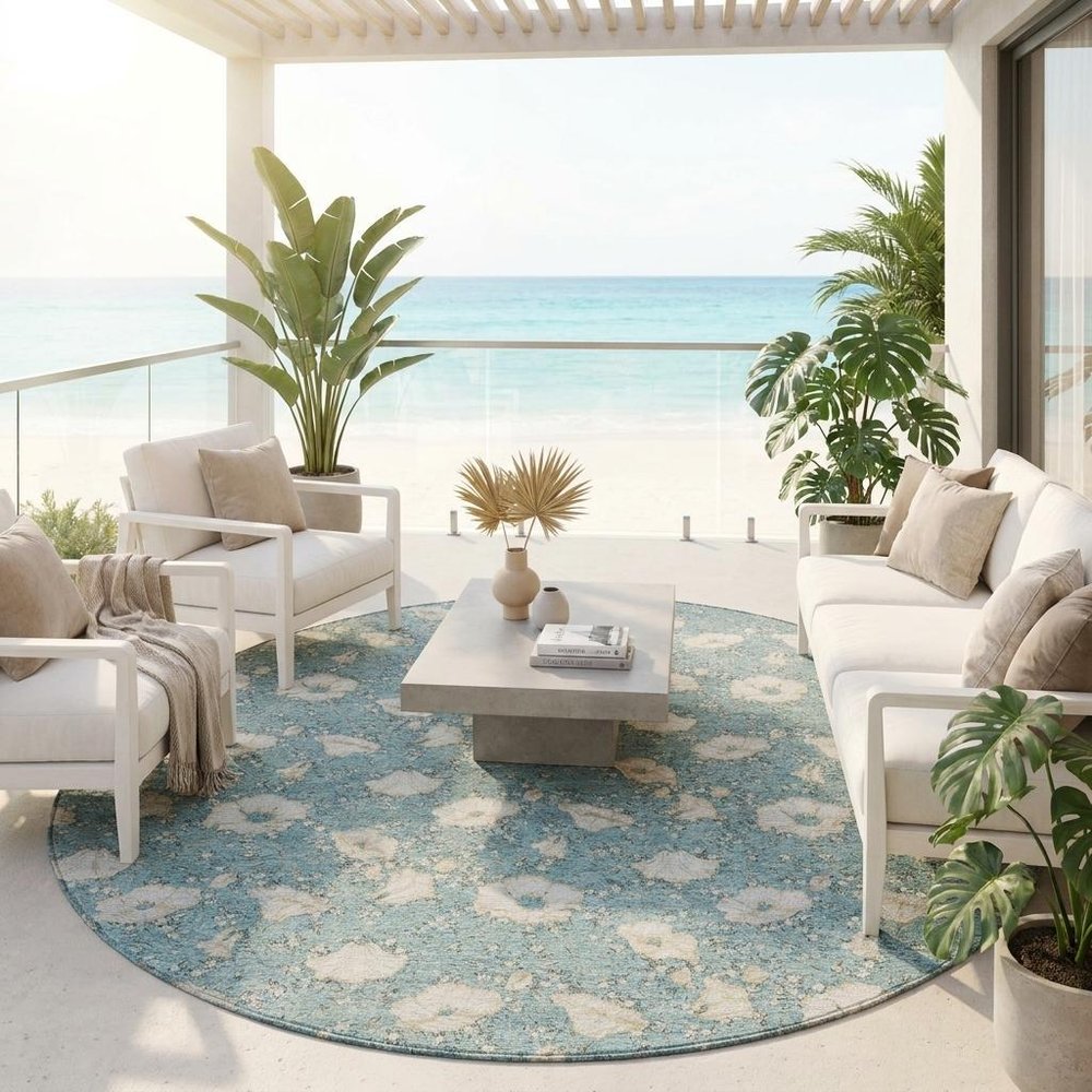 8' Teal Blue And Pewter Round Floral Washable Indoor Outdoor Area Rug HomeRoots