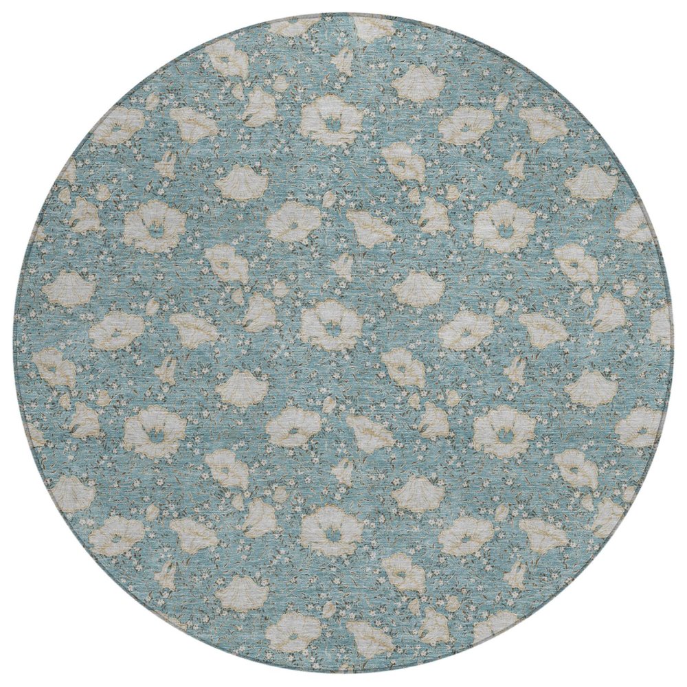 8' Teal Blue And Pewter Round Floral Washable Indoor Outdoor Area Rug HomeRoots