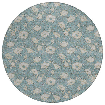 8' Teal Blue And Pewter Round Floral Washable Indoor Outdoor Area Rug HomeRoots