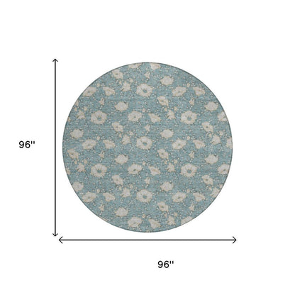 8' Teal Blue And Pewter Round Floral Washable Indoor Outdoor Area Rug HomeRoots