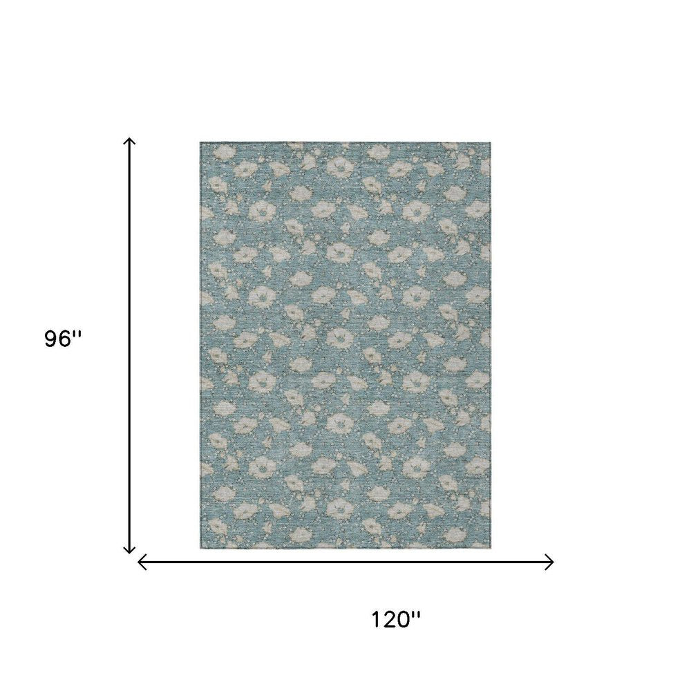 8' X 10' Teal Blue And Pewter Floral Washable Indoor Outdoor Area Rug HomeRoots