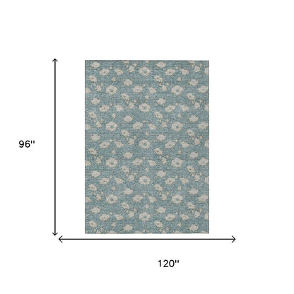 8' X 10' Teal Blue And Pewter Floral Washable Indoor Outdoor Area Rug HomeRoots