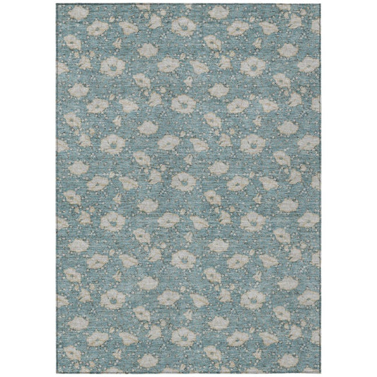 8' X 10' Teal Blue And Pewter Floral Washable Indoor Outdoor Area Rug