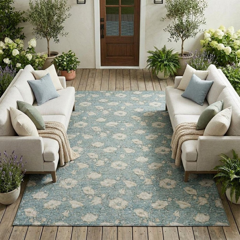 8' X 10' Teal Blue And Pewter Floral Washable Indoor Outdoor Area Rug HomeRoots
