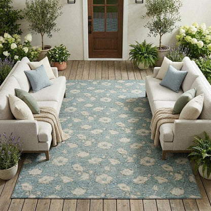 8' X 10' Teal Blue And Pewter Floral Washable Indoor Outdoor Area Rug HomeRoots