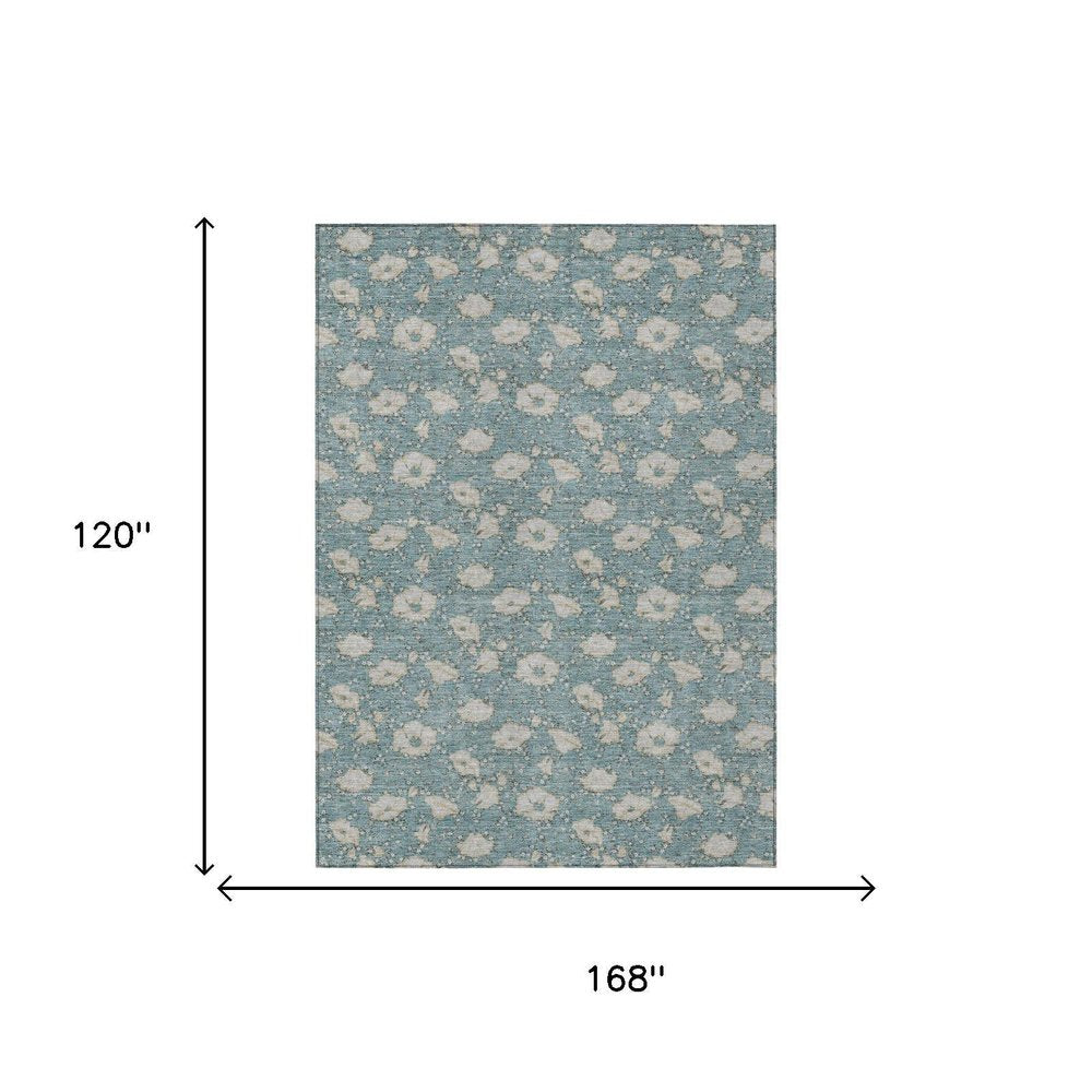 10' X 14' Teal Blue And Pewter Floral Washable Indoor Outdoor Area Rug HomeRoots