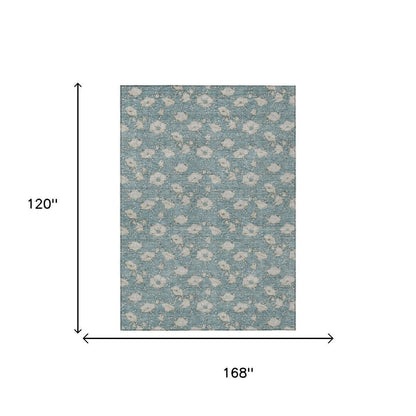 10' X 14' Teal Blue And Pewter Floral Washable Indoor Outdoor Area Rug HomeRoots