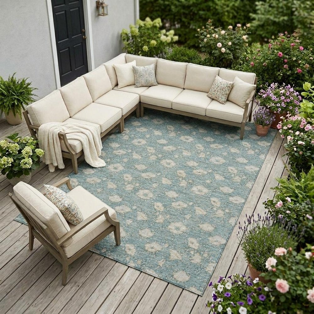 10' X 14' Teal Blue And Pewter Floral Washable Indoor Outdoor Area Rug HomeRoots