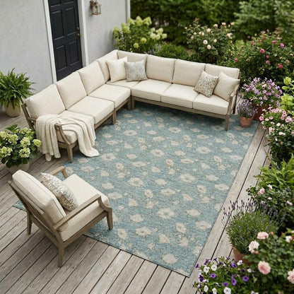 10' X 14' Teal Blue And Pewter Floral Washable Indoor Outdoor Area Rug HomeRoots