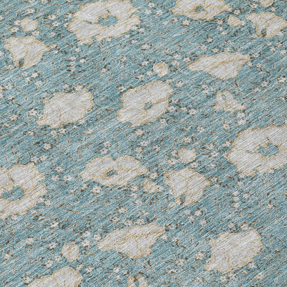 10' X 14' Teal Blue And Pewter Floral Washable Indoor Outdoor Area Rug HomeRoots