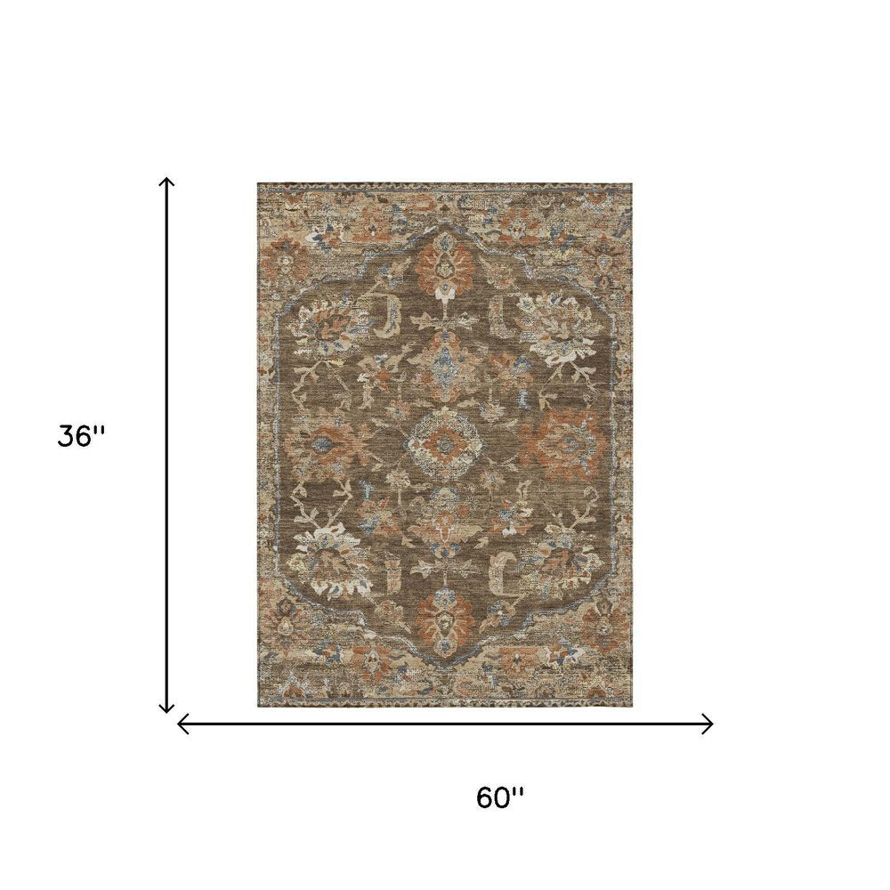 3' X 5' Chocolate And Brown Floral Medallion Washable Indoor Outdoor Area Rug