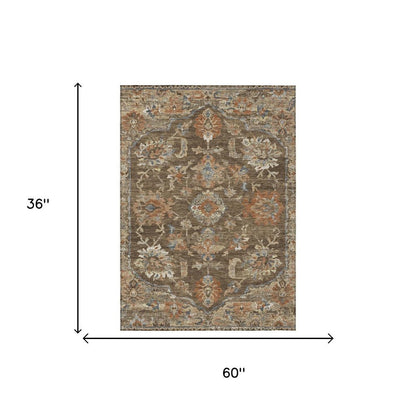 3' X 5' Chocolate And Brown Floral Medallion Washable Indoor Outdoor Area Rug
