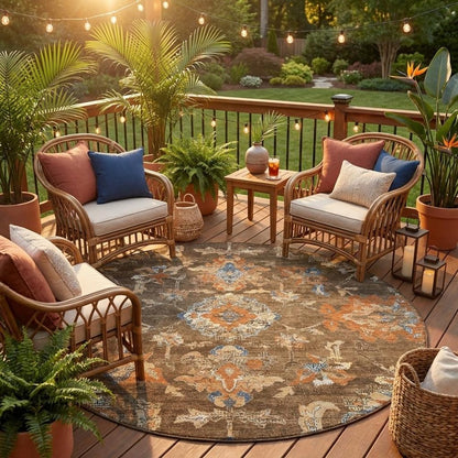 8' Chocolate And Brown Round Floral Medallion Washable Indoor Outdoor Area Rug HomeRoots
