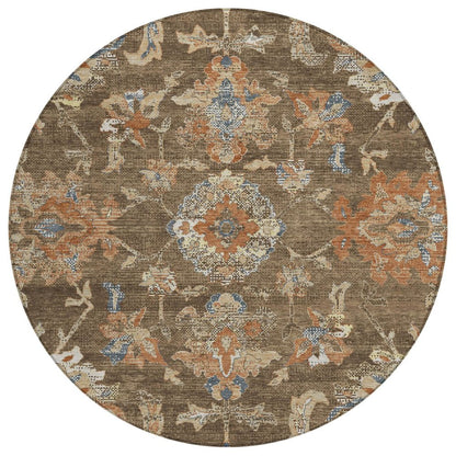 8' Chocolate And Brown Round Floral Medallion Washable Indoor Outdoor Area Rug HomeRoots