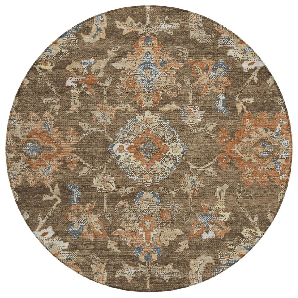 8' Chocolate And Brown Round Floral Medallion Washable Indoor Outdoor Area Rug HomeRoots