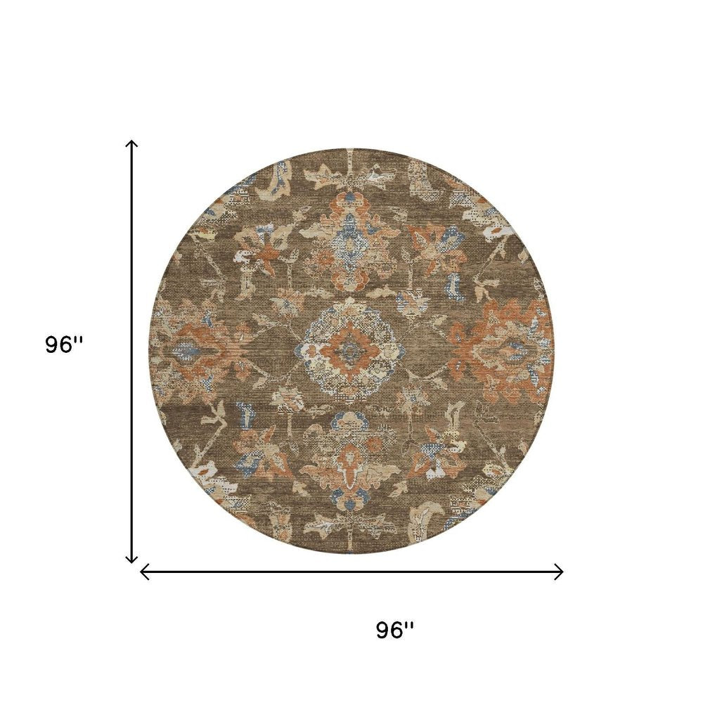 8' Chocolate And Brown Round Floral Medallion Washable Indoor Outdoor Area Rug HomeRoots