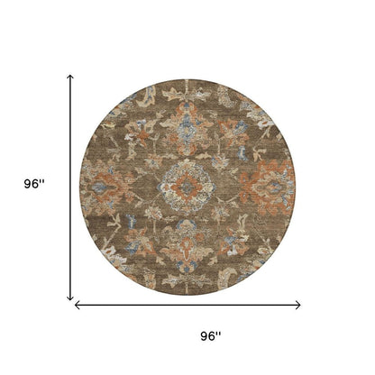 8' Chocolate And Brown Round Floral Medallion Washable Indoor Outdoor Area Rug HomeRoots