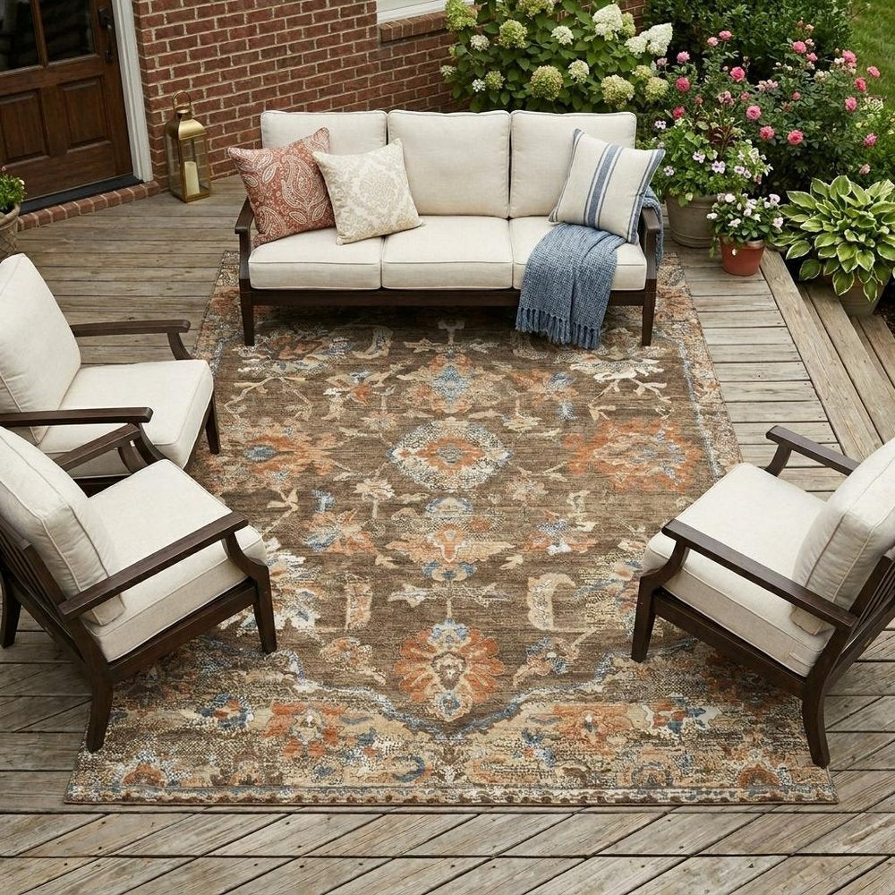 10' X 14' Chocolate And Brown Floral Medallion Washable Indoor Outdoor Area Rug HomeRoots