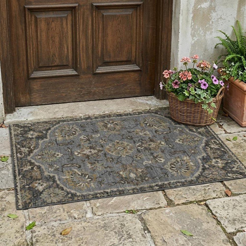3' X 5' Graphite And Gray Floral Medallion Washable Indoor Outdoor Area Rug HomeRoots