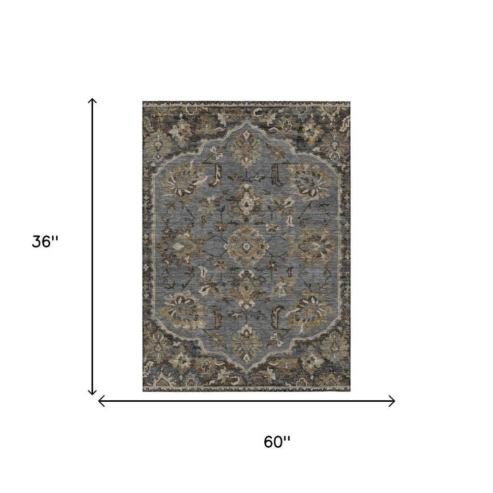 3' X 5' Graphite And Gray Floral Medallion Washable Indoor Outdoor Area Rug HomeRoots