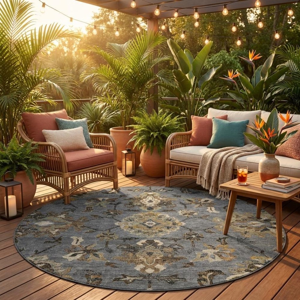8' Graphite And Gray Round Floral Medallion Washable Indoor Outdoor Area Rug HomeRoots