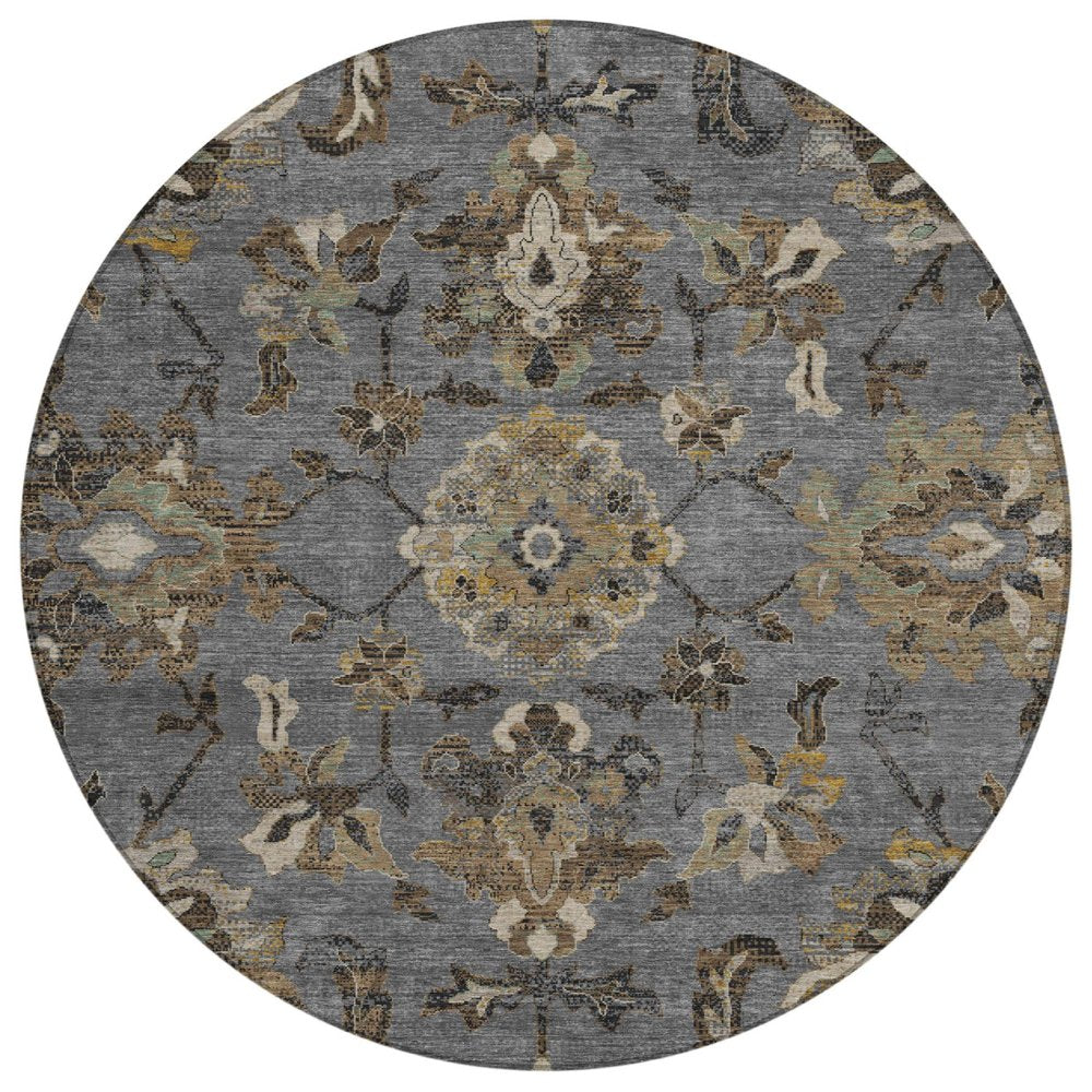 8' Graphite And Gray Round Floral Medallion Washable Indoor Outdoor Area Rug HomeRoots