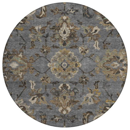 8' Graphite And Gray Round Floral Medallion Washable Indoor Outdoor Area Rug HomeRoots