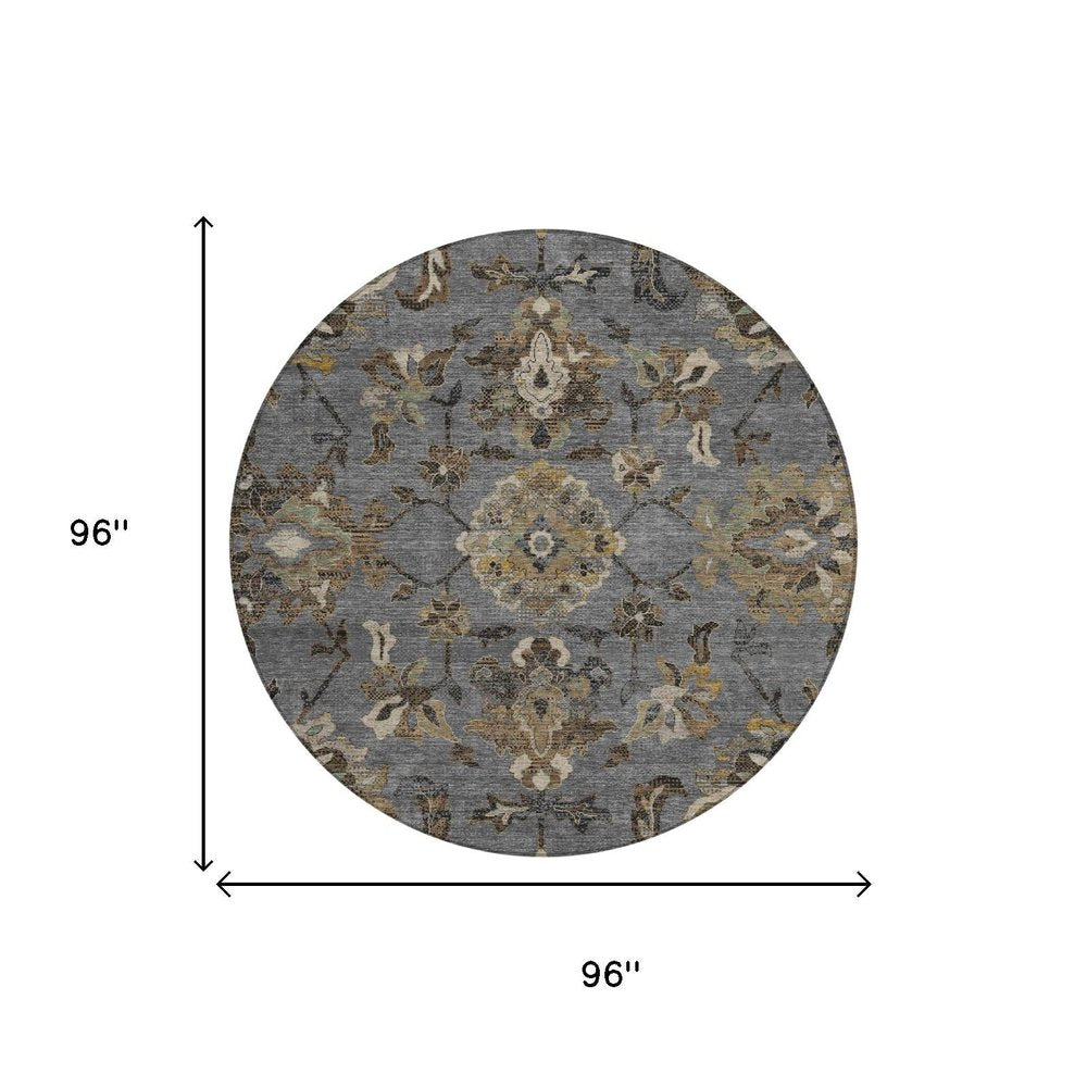 8' Graphite And Gray Round Floral Medallion Washable Indoor Outdoor Area Rug HomeRoots