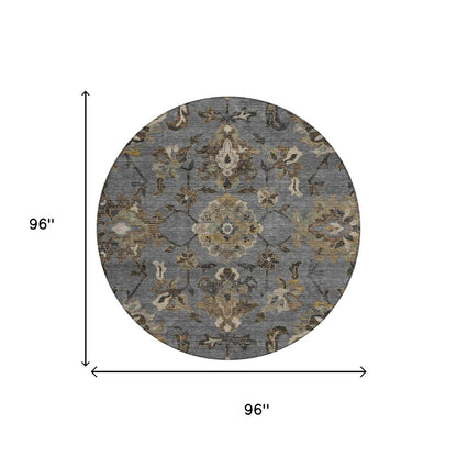 8' Graphite And Gray Round Floral Medallion Washable Indoor Outdoor Area Rug HomeRoots