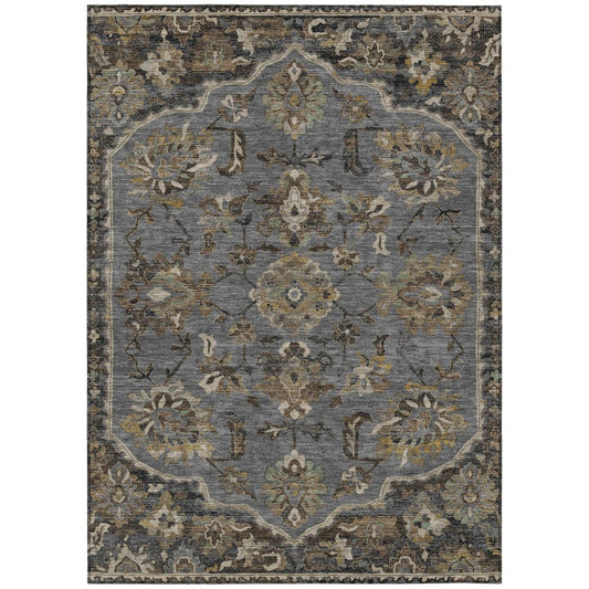9' X 12' Graphite And Gray Floral Medallion Washable Indoor Outdoor Area Rug