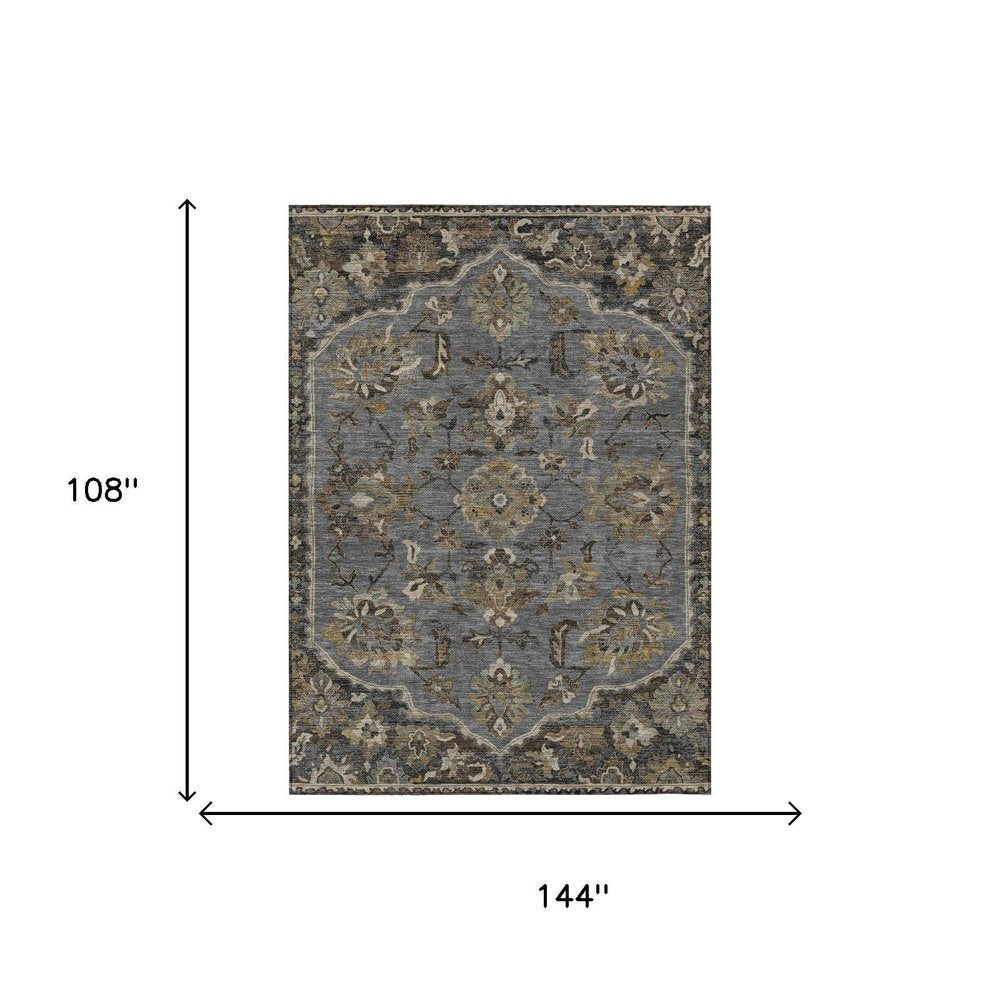 9' X 12' Graphite And Gray Floral Medallion Washable Indoor Outdoor Area Rug HomeRoots
