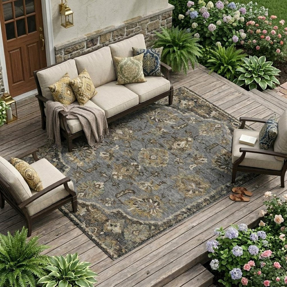 10' X 14' Graphite And Gray Floral Medallion Washable Indoor Outdoor Area Rug HomeRoots