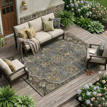 10' X 14' Graphite And Gray Floral Medallion Washable Indoor Outdoor Area Rug HomeRoots