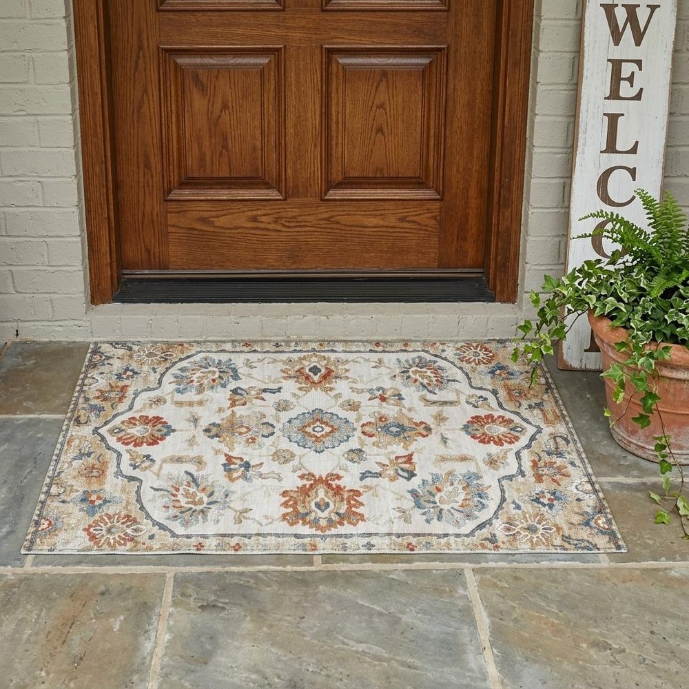 3' X 5' Linen And Ivory Floral Medallion Washable Indoor Outdoor Area Rug HomeRoots
