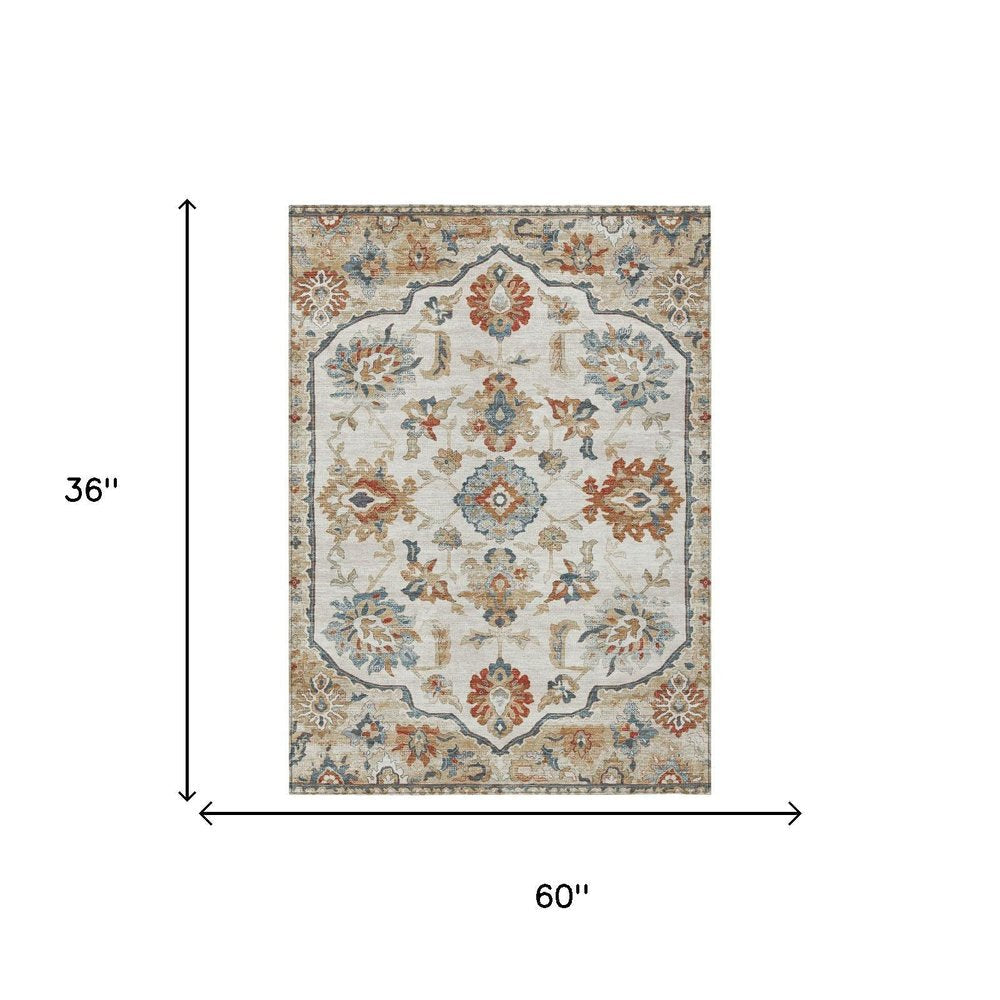 3' X 5' Linen And Ivory Floral Medallion Washable Indoor Outdoor Area Rug HomeRoots