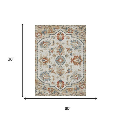 3' X 5' Linen And Ivory Floral Medallion Washable Indoor Outdoor Area Rug HomeRoots