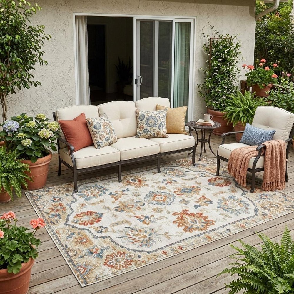 5' X 8' Linen And Ivory Floral Medallion Washable Indoor Outdoor Area Rug HomeRoots