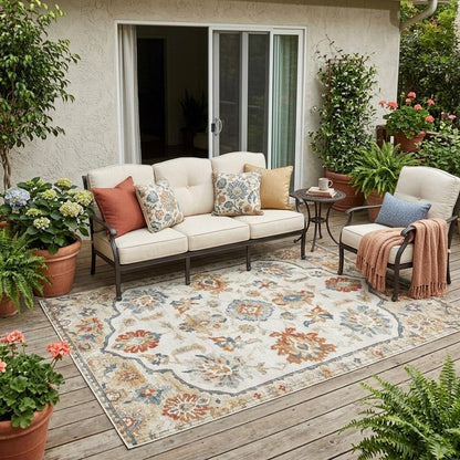 5' X 8' Linen And Ivory Floral Medallion Washable Indoor Outdoor Area Rug HomeRoots