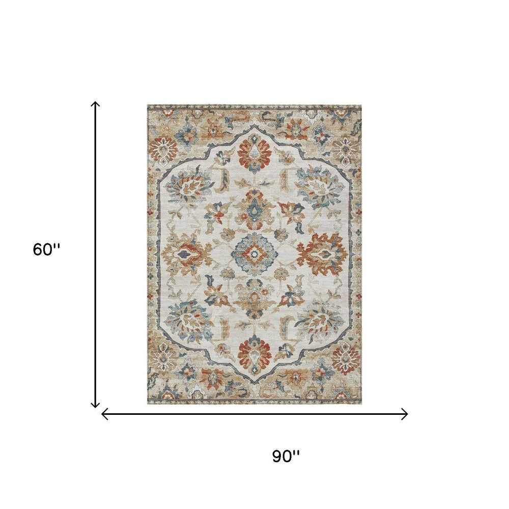5' X 8' Linen And Ivory Floral Medallion Washable Indoor Outdoor Area Rug HomeRoots