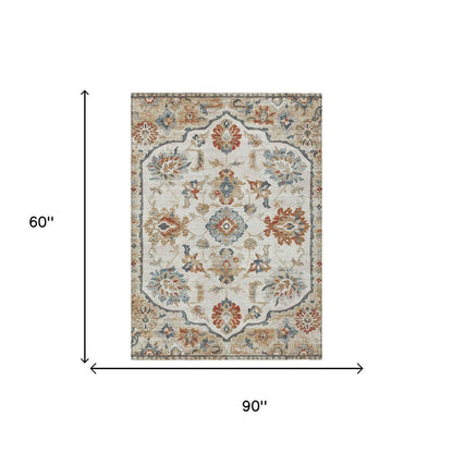 5' X 8' Linen And Ivory Floral Medallion Washable Indoor Outdoor Area Rug HomeRoots