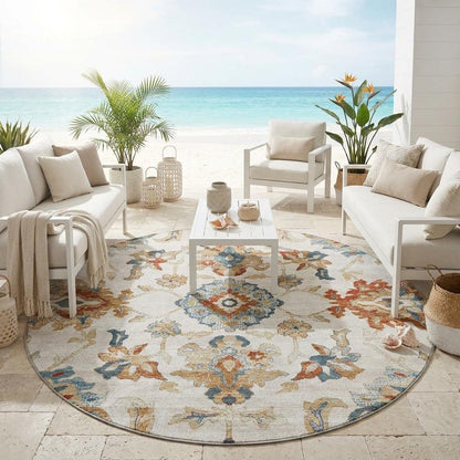 8' Linen And Ivory Round Floral Medallion Washable Indoor Outdoor Area Rug HomeRoots