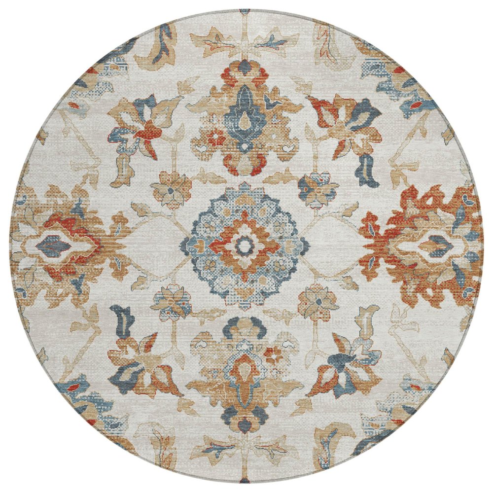 8' Linen And Ivory Round Floral Medallion Washable Indoor Outdoor Area Rug HomeRoots