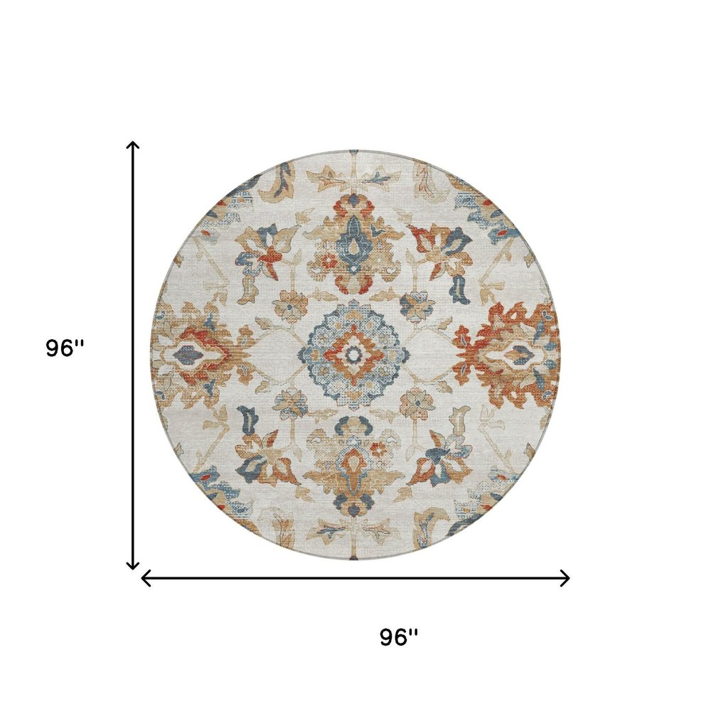8' Linen And Ivory Round Floral Medallion Washable Indoor Outdoor Area Rug HomeRoots