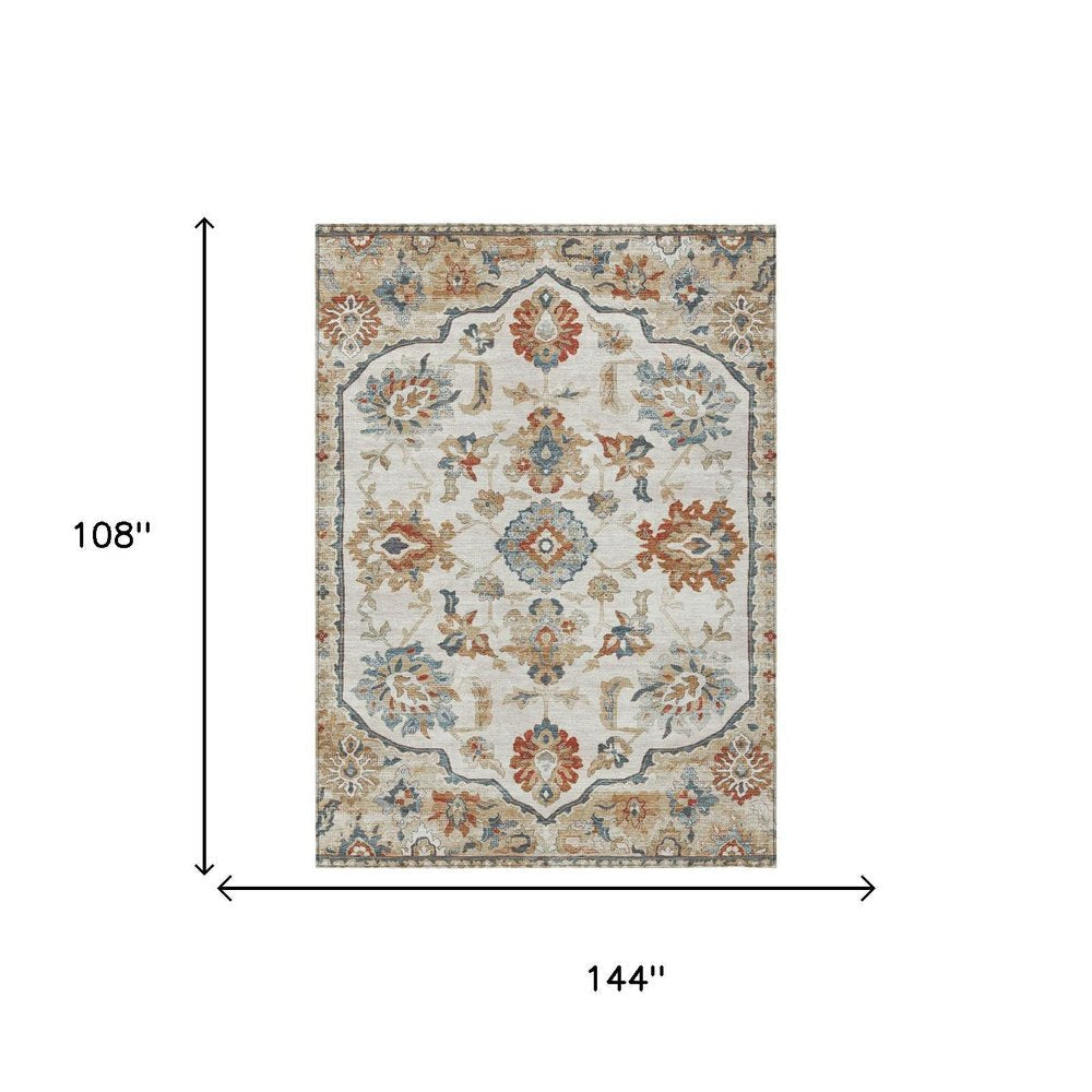 9' X 12' Linen And Ivory Floral Medallion Washable Indoor Outdoor Area Rug HomeRoots