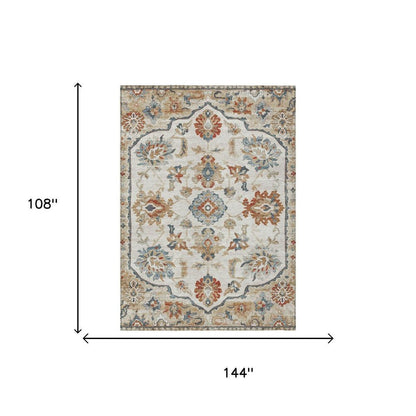 9' X 12' Linen And Ivory Floral Medallion Washable Indoor Outdoor Area Rug HomeRoots