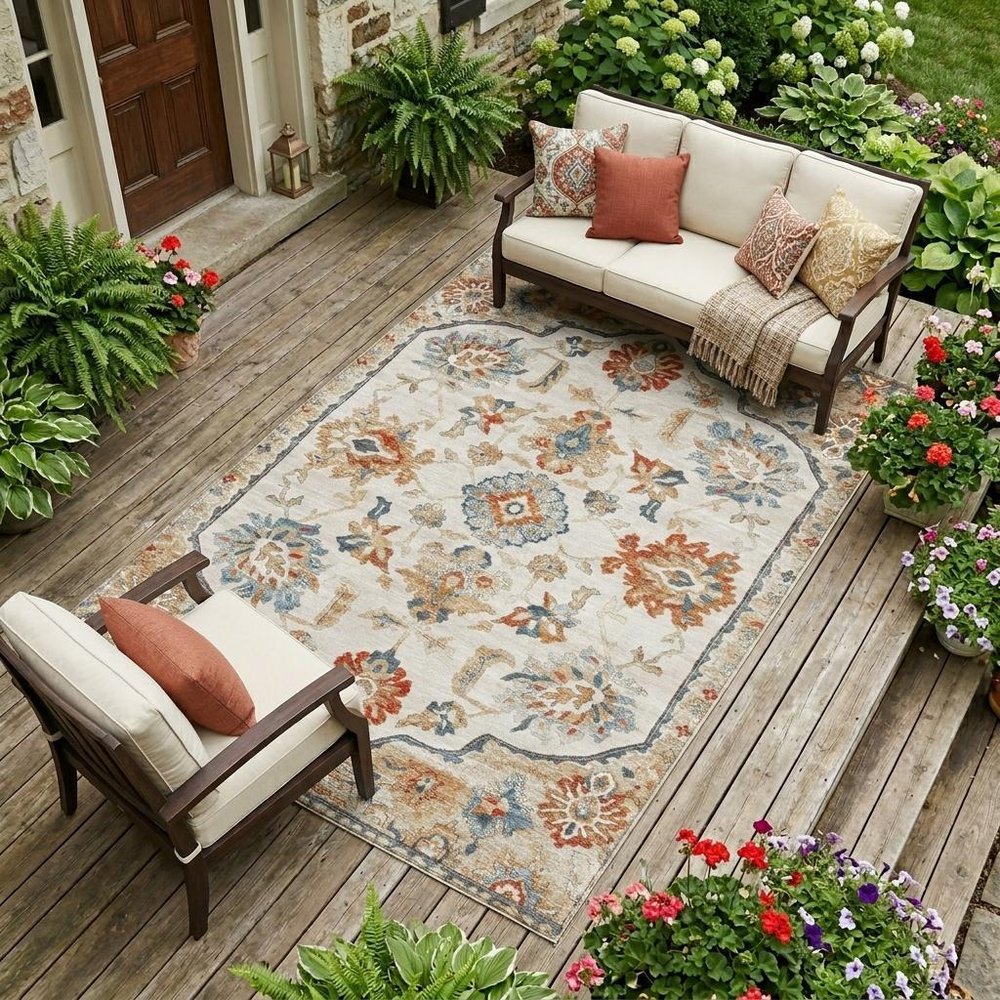 10' X 14' Linen And Ivory Floral Medallion Washable Indoor Outdoor Area Rug HomeRoots